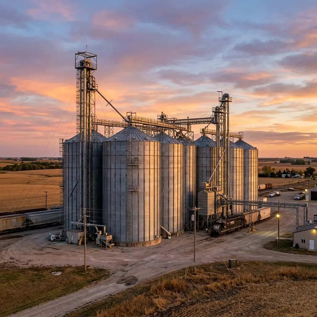 Landwirtschaftliche Gebäude mit Stalldach, Lagerhalle und Biogasbehälter.