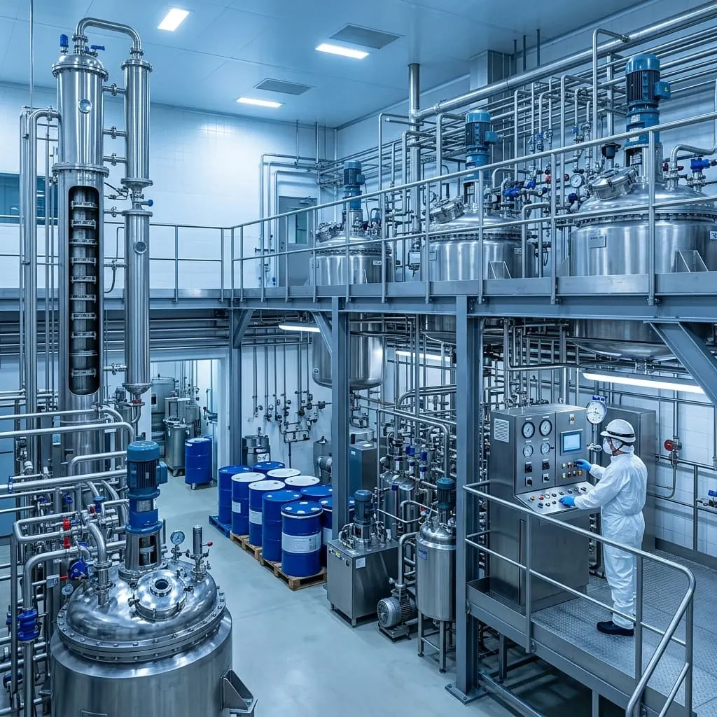 Kolonnen, Behälter und verzweigte Prozessleitungen einer Chemieanlage.