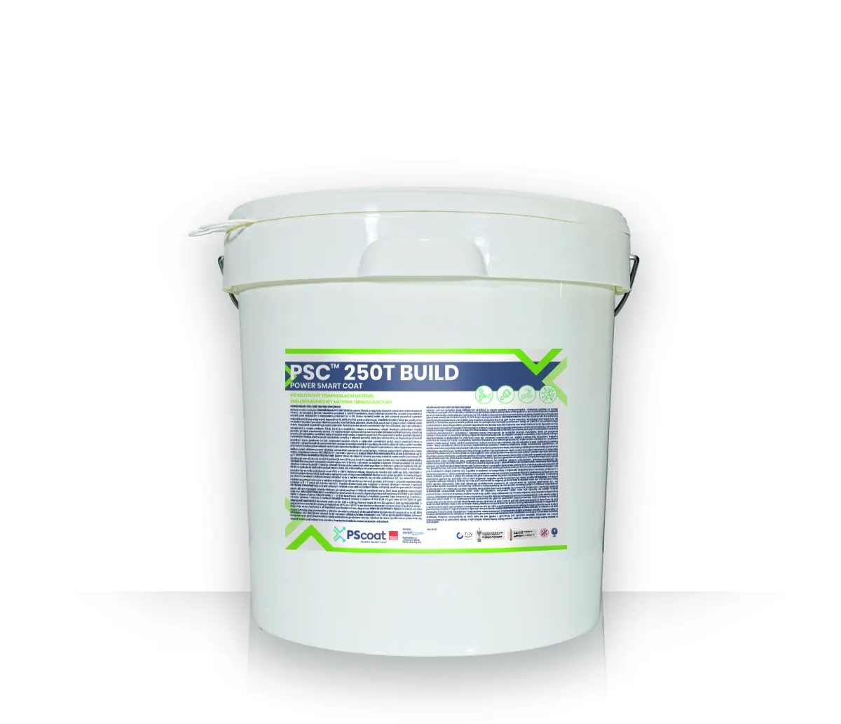 Weißer Kunststoffeimer mit Bügel und grün gerahmtem Etikett PSC 250T Build.