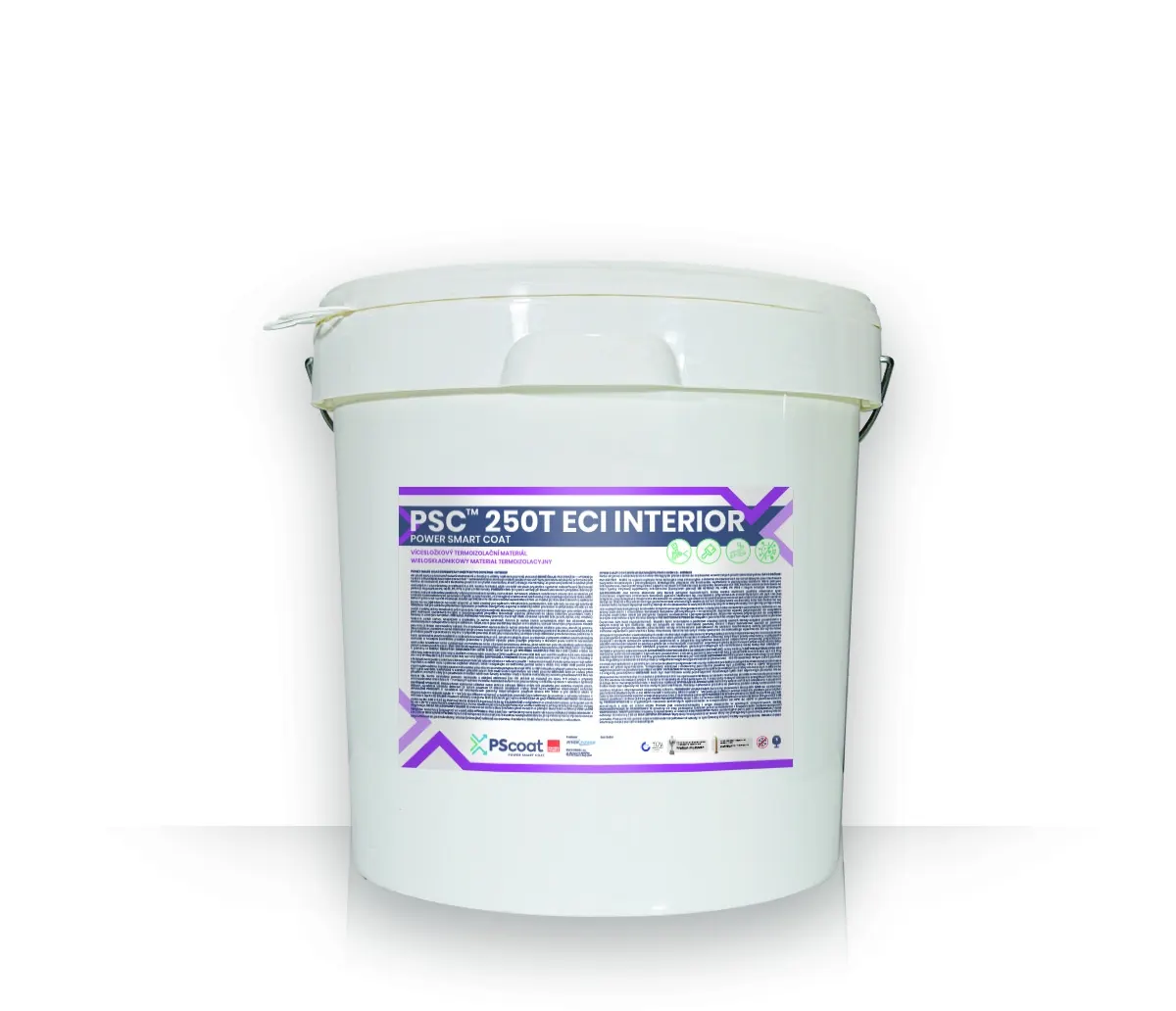 Weißer Kunststoffeimer mit violett gerahmtem Etikett PSC 250T ECI Interior.