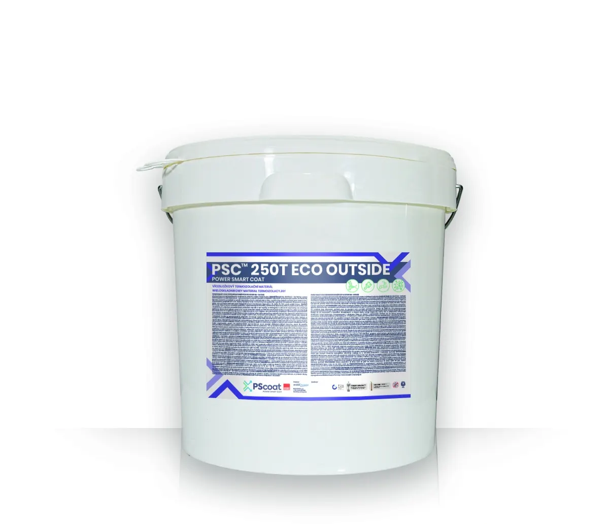 Weißer Kunststoffeimer mit blau-violett gerahmtem Etikett PSC 250T ECO Outside.