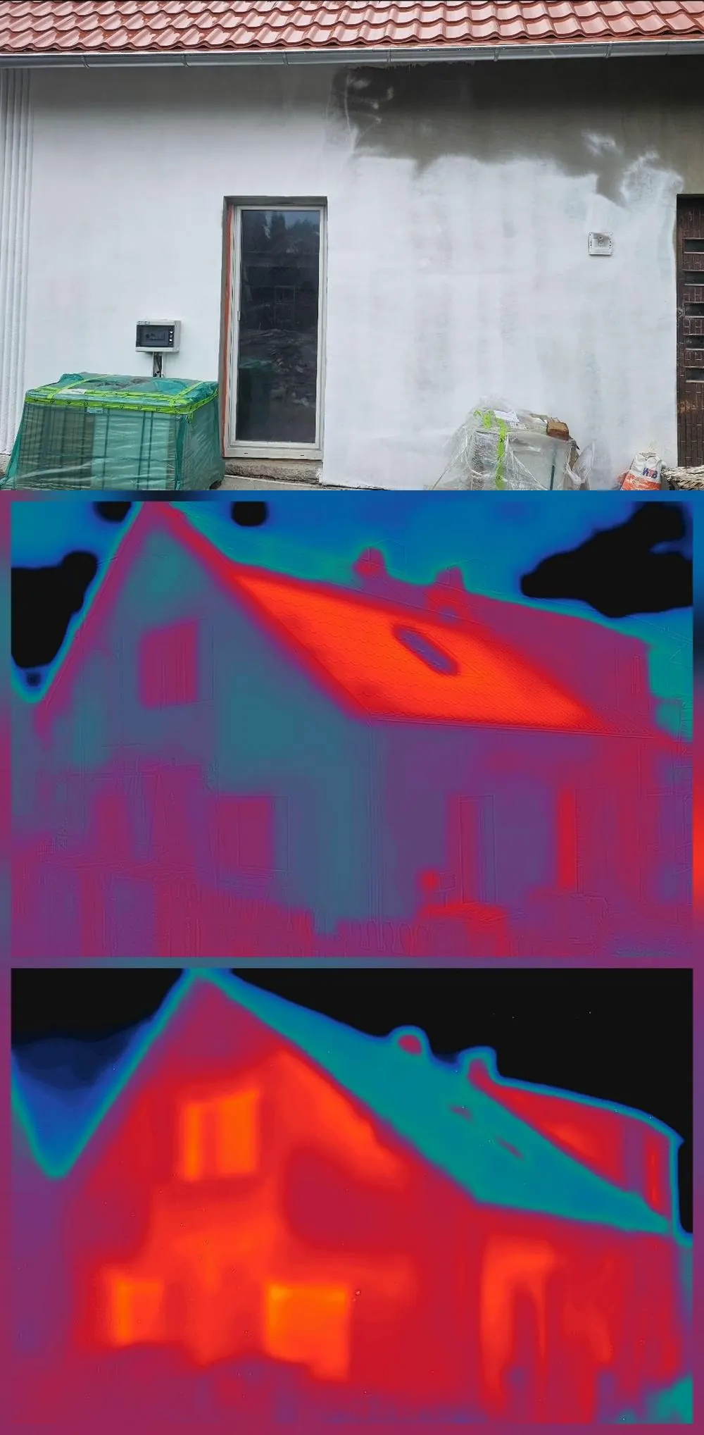 Oben die Fotoaufnahme einer Hauswand mit frisch beschichteter Fläche, darunter zwei Wärmebilder desselben Hauses, auf denen wärmere Bereiche rot und kältere blau erscheinen.